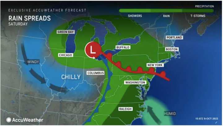 Rain will overspread the Northeast from west to east on Saturday, Oct. 14.