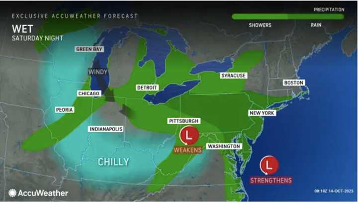 Rain will become heavy Saturday afternoon, Oct. 14 and continue into Saturday evening in the areas shown in green.