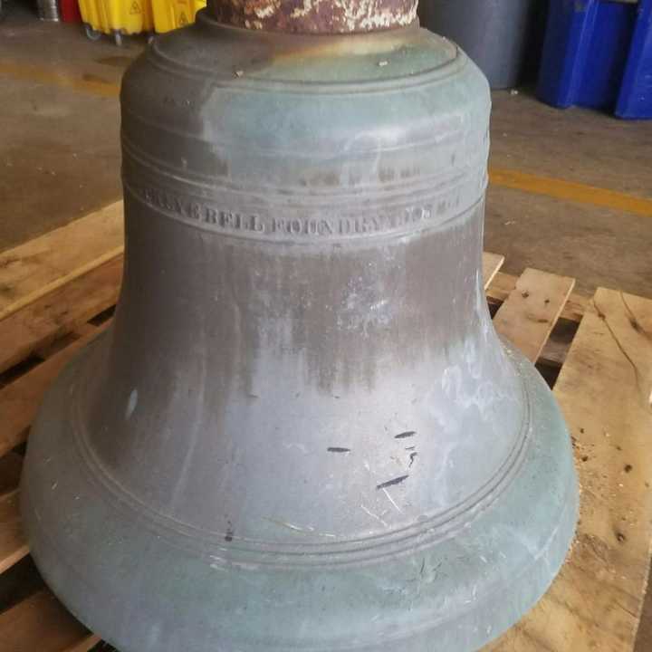 The bronze bell, a fixture at the Pleasantville Fire House since the early 1900s.