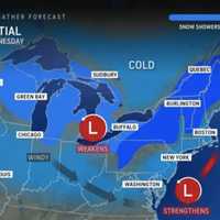 <p>Areas in light blue could see snow showers Tuesday night, Oct. 31 into Wednesday, Nov. 1, while areas in royal blue could see snowfall.</p>