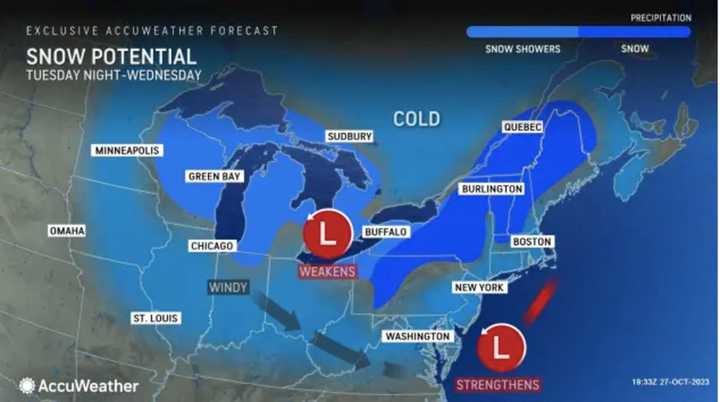 Areas in light blue could see snow showers Tuesday night, Oct. 31 into Wednesday, Nov. 1, while areas in royal blue could see snowfall.