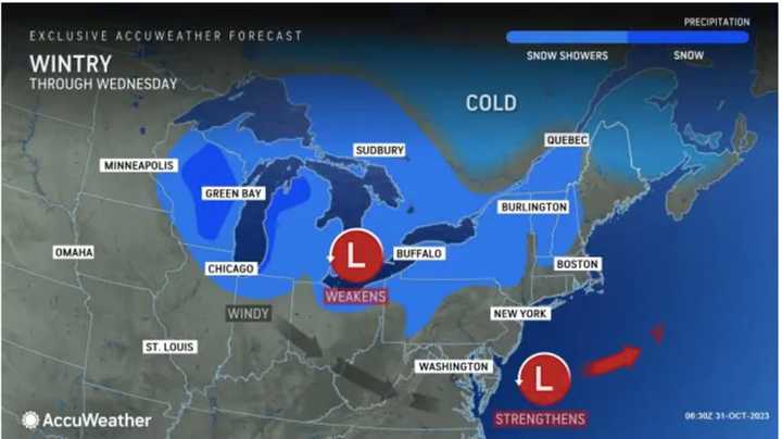 Areas in blue in the image above from AccuWeather.com could see snow showers.
  
