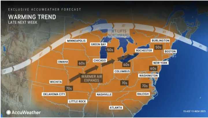 A stretch of brisk days will end Thursday, Nov. 16, as a shift in the weather pattern will bring milder temperatures, followed by unsettled weather.