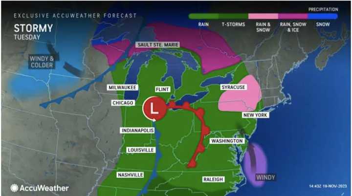 Areas shown in pink could see a mix of snow and rain when the storm system arrives in the Northeast on Tuesday evening, Nov. 21.