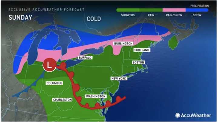 Widespread rainfall will bring around an inch of precipitation on&nbsp;Sunday, Dec. 3. Parts of northern New York and New England will see a mix of rain and snow (shown in pink).