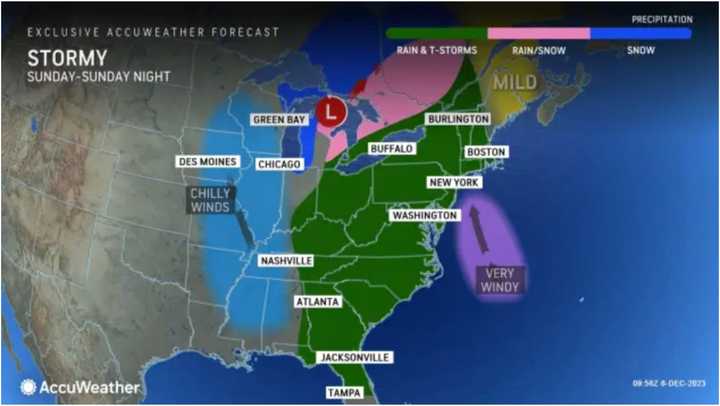 The wide-ranging system on track to arrive on Sunday, Dec. 10 will bring rain, thunderstorms, and very windy conditions into Monday, Dec. 11.