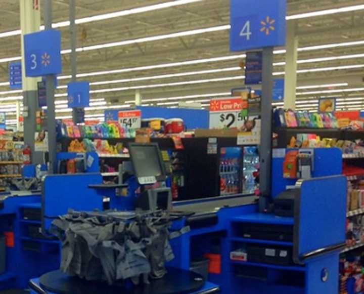 Walmart self-checkout lanes.