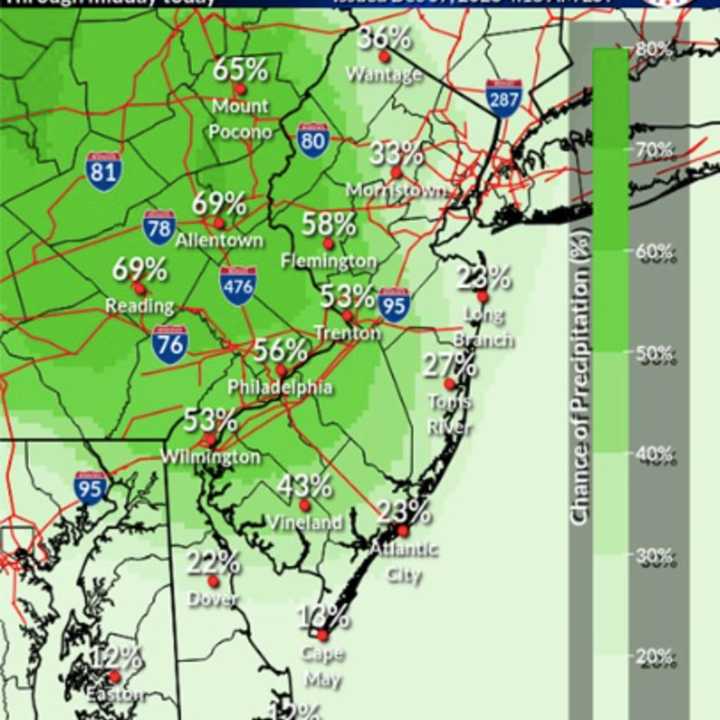 Chance of snow percentage across New Jersey today.