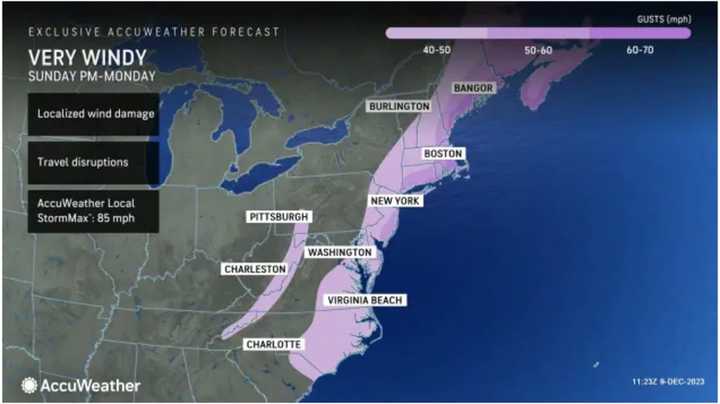 Widespread wind gusts of 40 to 50 miles per hour are expected Sunday, Dec. 10 into Monday, Dec. 11, with stronger gusts up to 60 miles per hour farther east, and up to 70 mph along the New England coast.
  
