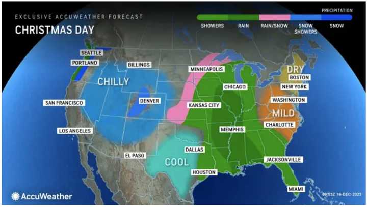 Christmas Day on Monday, Dec. 25 will be mostly sunny with a high temperature in the mid-40s before the expected arrival of the next storm system on track for the Northeast.