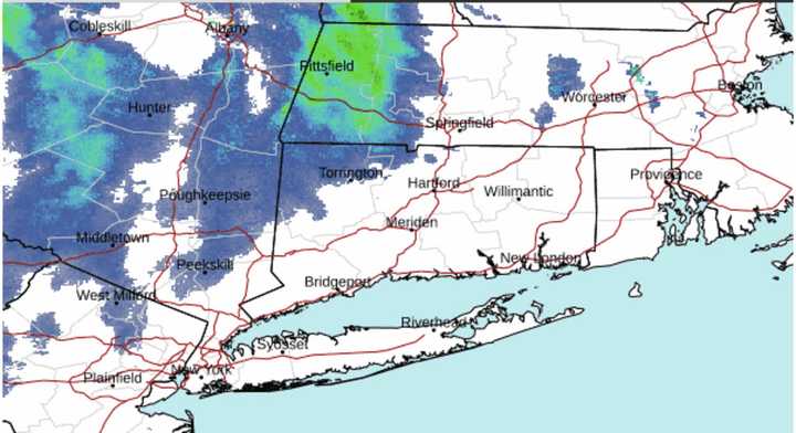 A radar image at 6:30 p.m. Saturday, Dec. 23 shows scattered rain and snow showers moving from west to east.