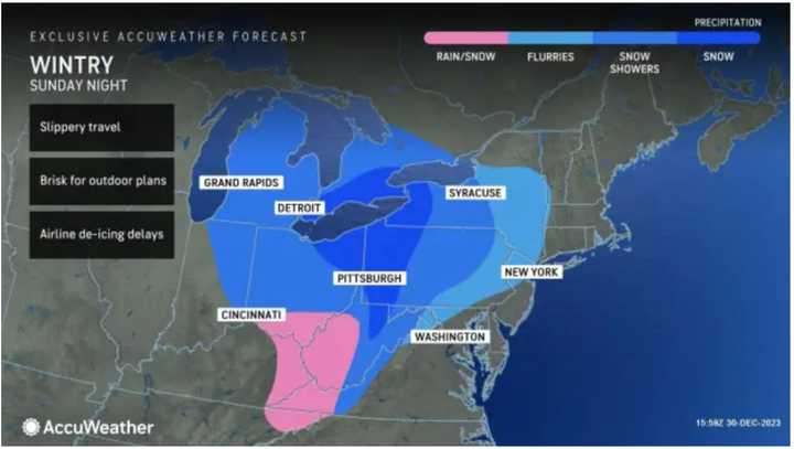 Snow showers and flurries are possible in areas farthest west and south in the Northeast as the clock strikes midnight on Monday, Jan. 1.