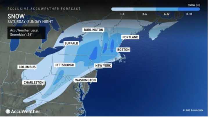 The latest snowfall projections throughout the Northeast, released Saturday morning, Jan. 6 by AccuWeather.com.