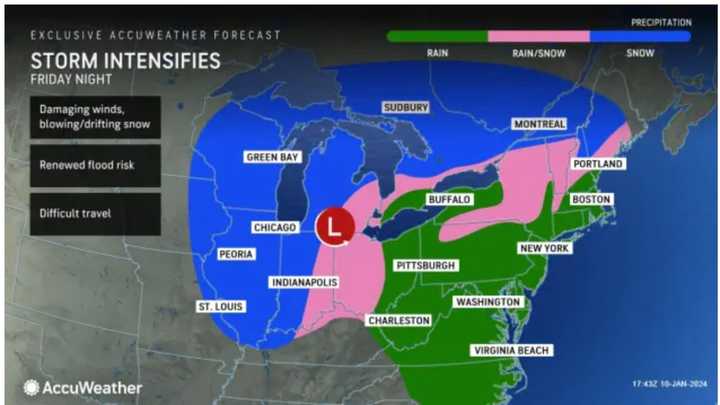 A look at the storm system that will dump heavy rainfall in the region Friday night, Jan. 12 into Saturday, Jan. 13 (areas in green).