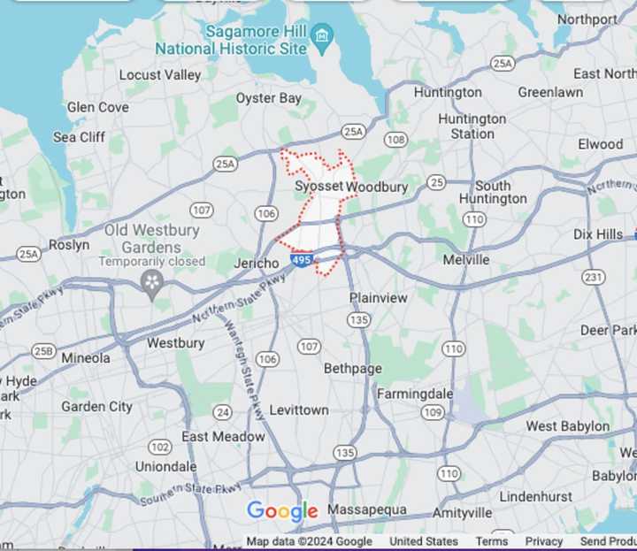 The Long Island Expressway in Syosset (outlined in red).