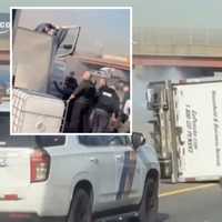 <p>New footage shows a Penske truck overturning on the NJ Turnpike after a nearly 50-mile pursuit.</p>