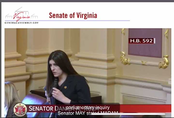 Senator Danica Roem speaks to VA Lt. Gov. Earle-Sears Monday, Feb. 26.