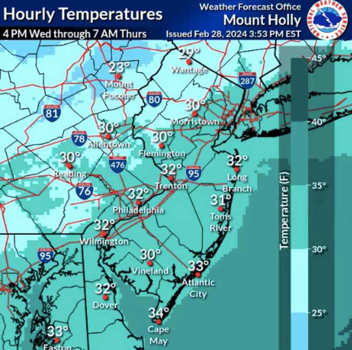 Hourly temps Wednesday, Feb. 28 and Thursday, Feb. 29.