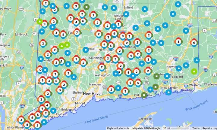 Eversource's outage map on Monday, March 11 at around 5 p.m.&nbsp;