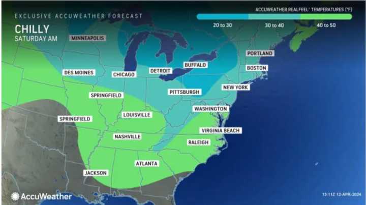 Temperatures are about 5 degrees below normal, and the high will be in the low 50s, but because of the strong winds, it will feel like it's in the 30s on Saturday, April 13.
  
