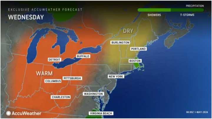 Clouds will gradually break up on Wednesday afternoon, May 1, helping high temperatures range from the upper 60s to low 70s. Temps will be warmer farther west and cooler in the eastern parts of the region, where cloud cover will linger.
  
