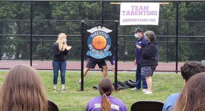 At the grand opening of the Tarentino Memorial Park, Leicester, in honor of Officer Ronald Tarentino Jr., who was killed during a traffic stop in 2016.