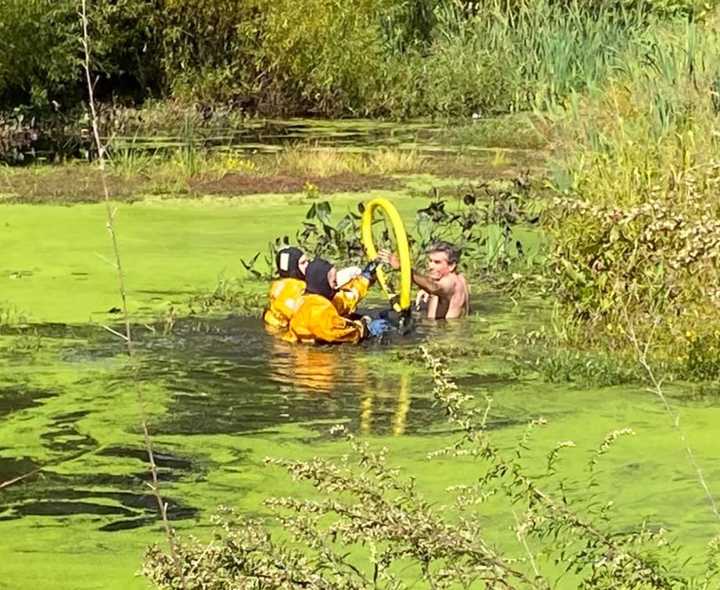 Milford Firefighters rescue a man who jumped into a swamp to save his dog on Wednesday, Sept. 30.