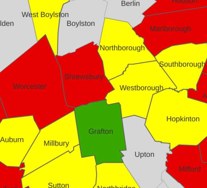 This map by the Massachusetts Department of Public Health shows the average positive daily test rates per 100,000 residents as of Oct. 22.