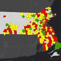 <p>This map by the Massachusetts Department of Public Health shows the average positive daily test rates per 100,000 residents as of Oct. 22.</p>