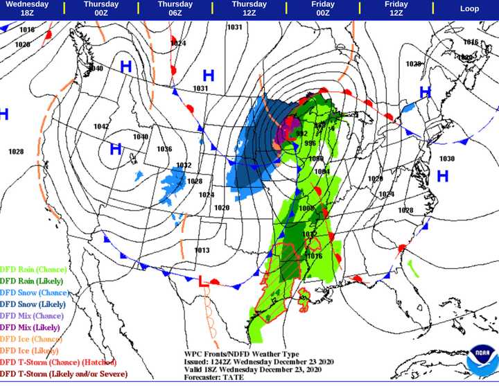 National Weather Service map showing the location of the Christmas Storm as of Wednesday morning, Dec. 23.