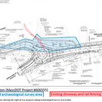 <p>This map shows the proposed roundabout construction and, in blue, the area of Native American significance</p>