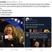 <p>On Twitter, Helena Duke identifies a woman at the Jan. 6 riot at the Capitol Building as her mother, Therese Duke.</p>