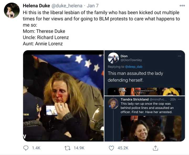 On Twitter, Helena Duke identifies a woman at the Jan. 6 riot at the Capitol Building as her mother, Therese Duke.