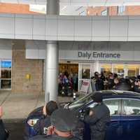 <p>Police and medical staff give a Northampton police officer a warm release from the hospital following a bad cruiser v. car crash that broke the officer&#x27;s leg.</p>