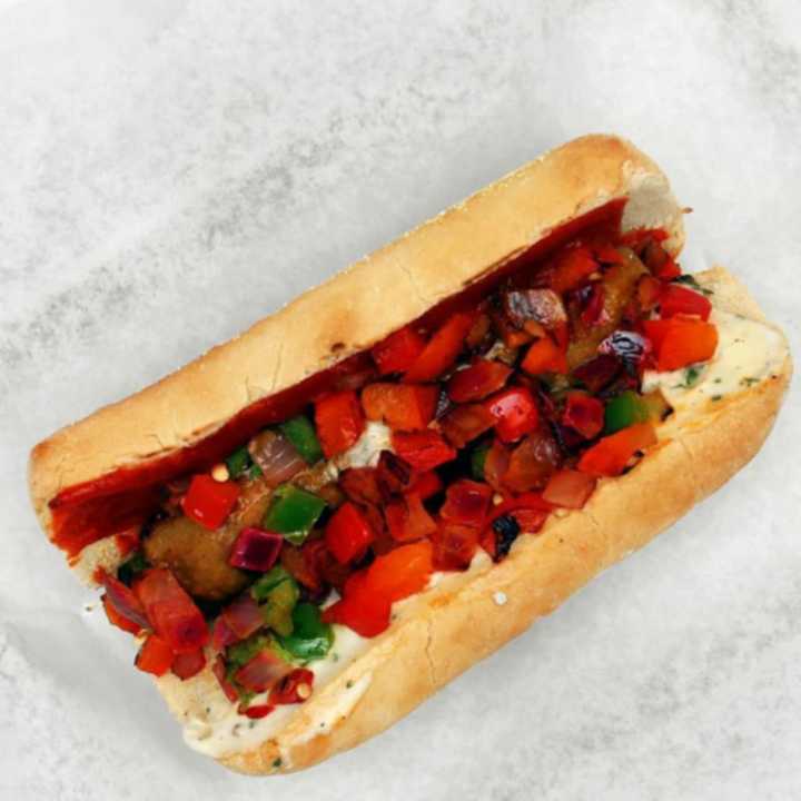 The Vegetable Hunter&#x27;s Vegan Nacho Hot Dog.