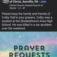 <p>Prayer request of Colby Hall&#x27;s family posted on Facebook.</p>