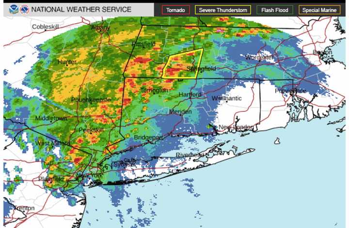 A radar image of the region on Thursday morning, Sept. 22, shows storm activity, including severe storms (marked in red).