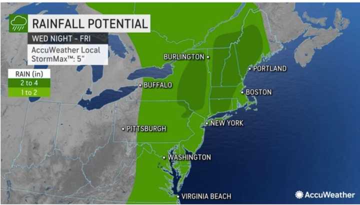 Areas in dark green could see 2 to 4 inches of rainfall, according to AccuWeather.com.