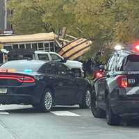 <p>The scene of the school bus crash into a Taco Bell sign in Forest Hills.</p>