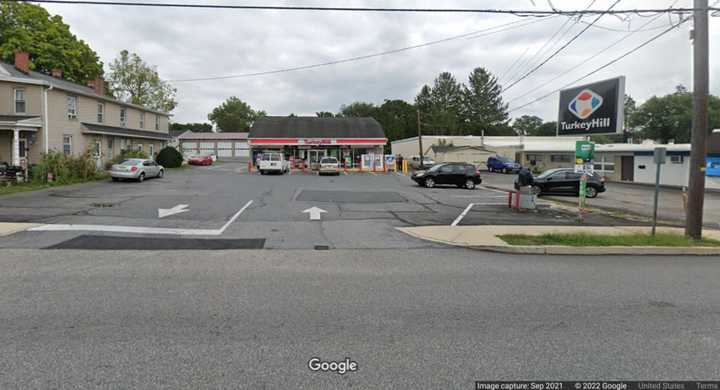 The Turkey Hill the bullet riddled car pulled up to located in the 5000 block of Main Street of East Petersburg.