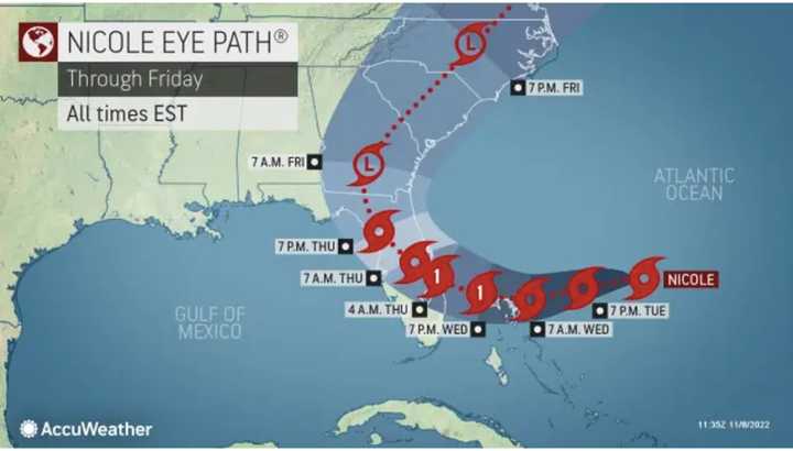 The latest timing and track for Nicole from AccuWeather.com.