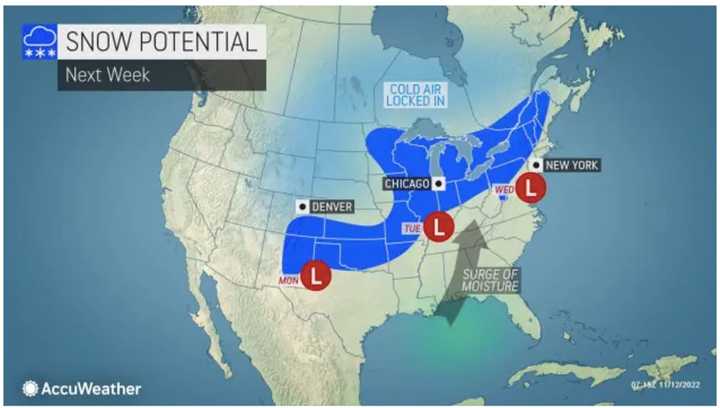 A look at areas (in darker blue) where snow is possible.