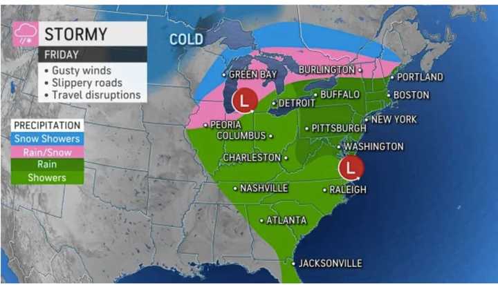 The storm system is on track to bring rain and gusty winds to the region on Black Friday, Nov. 25.