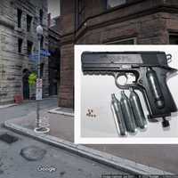 <p>BB pistol with CO2 cartridges and BBs and Coffey Way alley near Sixth Avenue in Pittsburgh.</p>