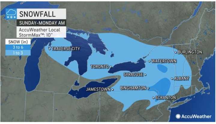 Areas in light blue are expected to see 1 to 3 inches of snowfall, and 3 to 6 inches are forecast for areas in darker blue.