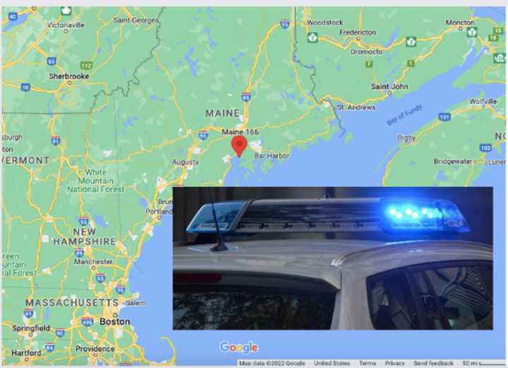 The crash happened on Route 166 in Castine, Maine (marked in red).