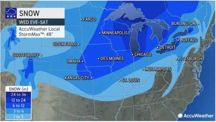 Areas expected to see accumulating snowfall from the pre-Christmas storm: 1 to 3 inches (shown in the lightest blue), 3 to 6 inches (Columbia blue), 6 to 12 inches (blue), 12 to 24 inches (Royal blue), 24 to 36 inches (purple).