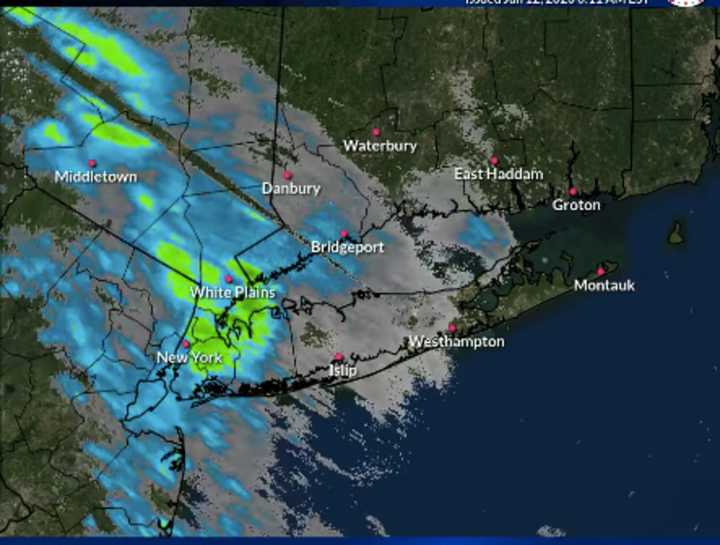 A radar image from about 7 a.m. Thursday, Jan. 12 showing the system with mixed precipitation moving from west to east.