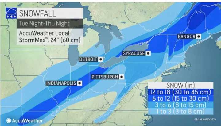 Currently projected snowfall totals for the storm due to arrive Wednesday afternoon, Jan. 25: 1 to 3 inches (sky blue), 3 to 6 inches (Columbia blue), 6 to 12 inches (blue), and 12 to 18 inches (royal blue),