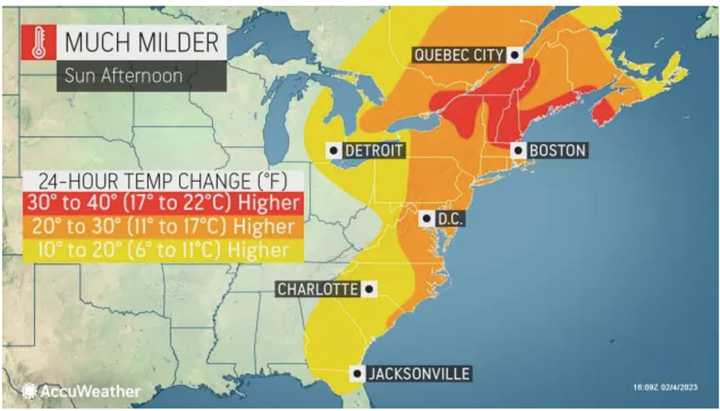 The rebound in temperatures starts Sunday afternoon, Feb. 5.